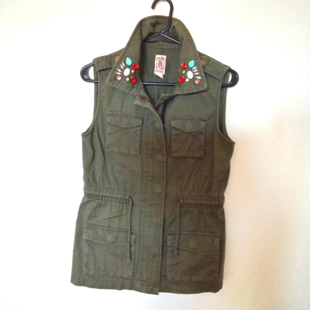 Decree Jeans Women's Olive Cotton Utility Vest Beaded Collar Drawstring Waist M